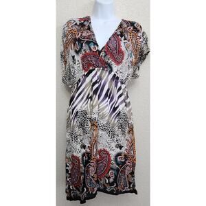 She's Cool Purple Black White Crisscross Bodice Mini Dress Large Batwing Sleeves